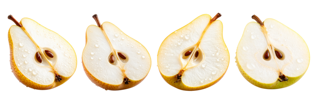 Four pear halves, sliced vertically, showcase flesh & seeds. Each slice has a brown stem and water droplets.  Yellow-green & tan hues contrast against the black background