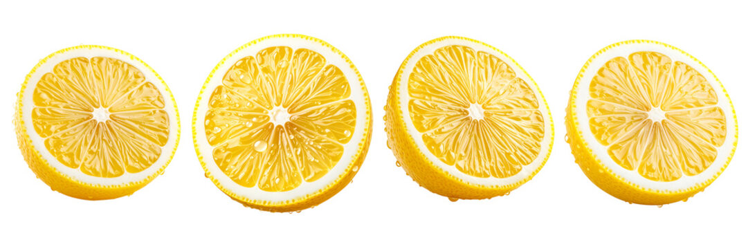 Four cross-sectioned citrus halves. Bright yellow, textured fruit segments with a white rind, detailed pulpy interiors. The arrangement is horizontal with slight variations in position