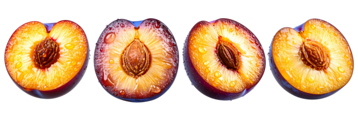 Four halved plums display their inner sections. Each reveals a large, brown seed within vibrant golden-orange flesh, surrounded by a dark purple exterior, with water droplets