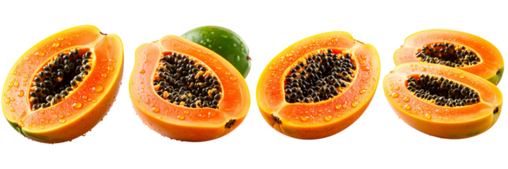 Four papaya halves and a green fruit are showcased against a black background, with glistening orange flesh, dark seeds, and a rind outlined in white, all suggesting freshness