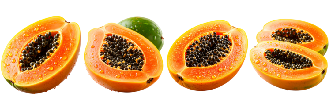 Four papaya halves and a green fruit are showcased against a black background, with glistening orange flesh, dark seeds, and a rind outlined in white, all suggesting freshness