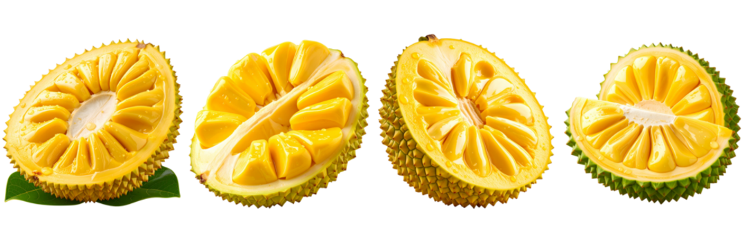 Four vibrant jackfruit halves showcase the fruit's intricate structure. Bright yellow segments are exposed, surrounded by a textured, green exterior. One rests on a leaf