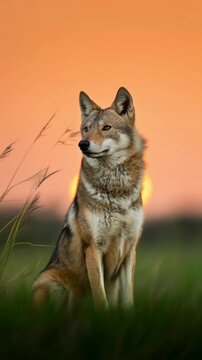 Coywolf standing on grass at sunset with orange sky and calm pose