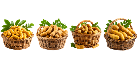 Four woven baskets, each filled with a different variety of a brown, elongated fruit, some with green leaves. Varying hues suggest ripening stages. A few pieces spill outside the containers