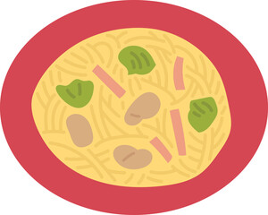 Flat illustration of Yakisoba noodles with pork and green vegetables served in a red bowl on a transparent background