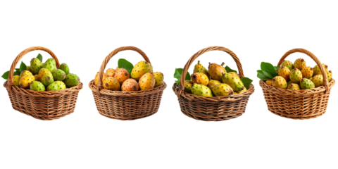 Four wicker baskets, each filled with a different array of vibrantly colored, oval-shaped fruits. Some have green, while others have hues of orange and yellow, accented by leafy greens