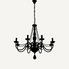 Silhouette of a classic black chandelier with multiple arms and candle holders