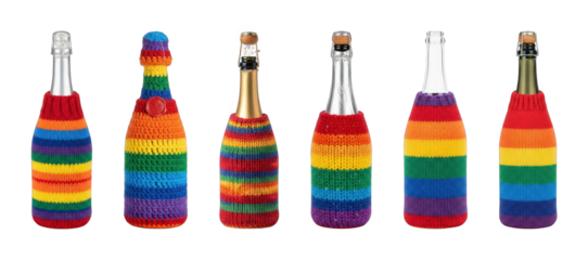 Sparkling wine bottle set featuring rainbow knitted and crocheted cozies isolated. Celebration, party, and pride decor.