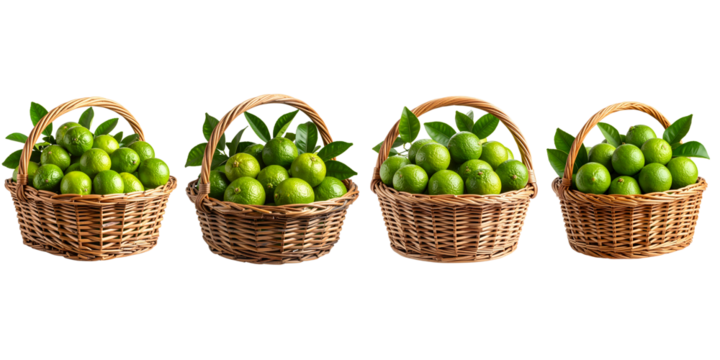 Four wicker baskets filled with green, spherical citrus fruit, interspersed with green leaves. The baskets are arranged side-by-side, and their handles arch gracefully. The background is black