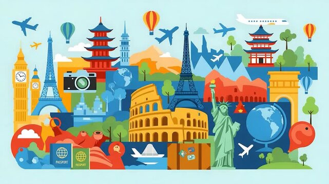 Famous Landmarks Around the World Travel Collage Illustration.