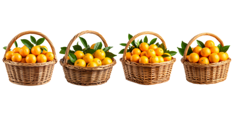 Four woven baskets, each filled with ripe, round, orange citrus fruits. Green leaves peek out from amongst the fruit, enhancing the vibrant color.