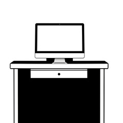 Modern computer monitor on a desk with a drawer