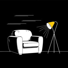 Minimalist illustration of a white armchair illuminated by a yellow floor lamp against a dark background, evoking a cozy ambiance