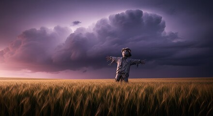 A solitary scarecrow stands in a golden wheat field under a dramatic stormy sky.