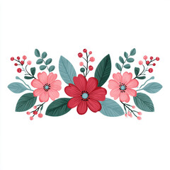 Beautiful floral illustration decoration with red and pink flower design. lovely plant with green leaf composition on white background, perfect for wedding card