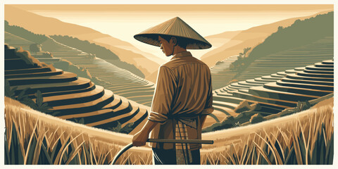 An illustration of a farmer in a conical hat overlooking vast, golden terraced rice fields in a serene mountain landscape