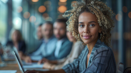 Obraz premium Confident Businesswoman in Meeting with Team in Modern Office