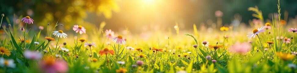 Vibrant Wildflowers Bloom in a Sun-Drenched Spring Meadow, Gentle Breeze, Serene Countryside Scene Perfect for Nature Calendars, Websites, and Publications