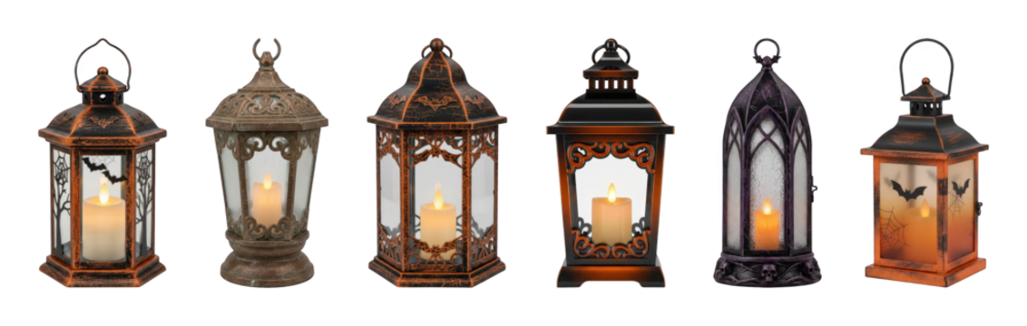 Halloween decorative lantern set including various metal, glass, and LED candle styles isolated. Spooky season home and party decor.
