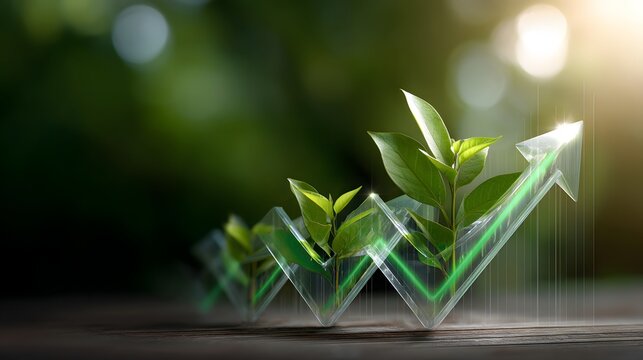 Eco-finance growth scene with glass leaves shaped as rising stock arrows in warm mocha and neo-mint tones, symbolizing green investment, sustainability, and economic balance.