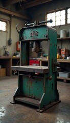 Heavy-Duty Metal Press Bench in Bright Workshop, Ready for Industrial Use. Durable and Functional Workbench Ideal for Manufacturing and Repair.  Shows Strength and Reliability.