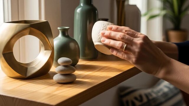 Hands cleaning decorative objects on a wooden shelf near a window.