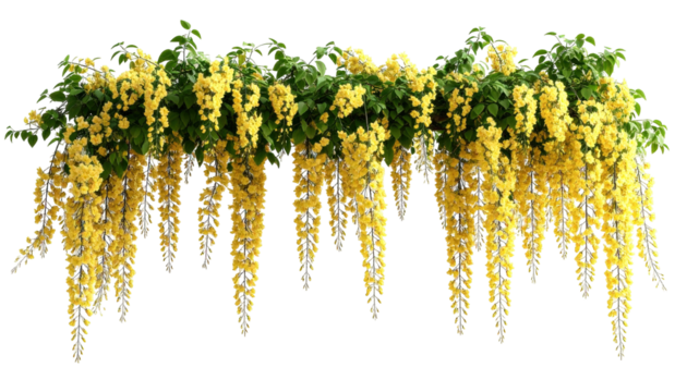 Image presents a cascading display of bright yellow flowers. The blossoms hang downwards in long clusters, contrasting against lush green foliage above, arranged against a stark black background