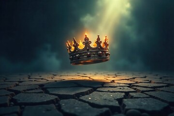 Majestic Crown Levitates Above Cracked Earth A Dramatic Scene of Rebirth and Regal Power