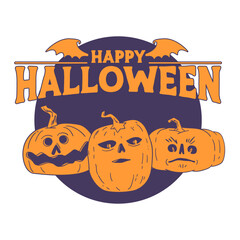 Halloween badge emblem with cute carved pumpkin illustrations.