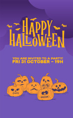 Minimal Halloween poster with cartoon pumpkins and text layout, purple and orange color palette
