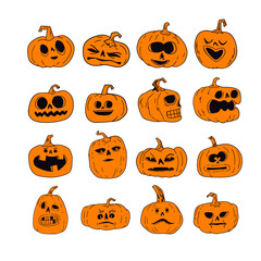 Halloween pumpkins with funny and spooky carved faces, hand drawn vector illustration