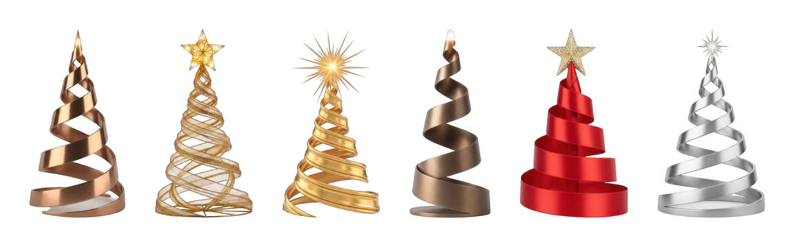 Elegant spiral Christmas tree set including copper, gold, bronze, red, and silver designs isolated. Holiday decoration and festive design elements.