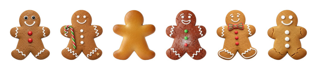 Gingerbread men cookie set including decorated, plain, iced, and candy cane variants isolated. Festive Christmas holiday dessert and sweet treat collection.
