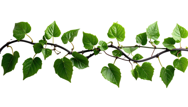 A vibrant vine with heart-shaped, light green leaves elegantly trails against a stark black background. The dark stem winds organically, showcasing healthy foliage