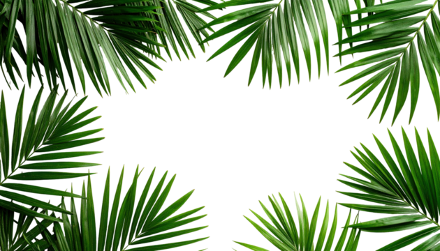 Lush green palm fronds frame a blank black center, forming a natural border. Detailed view reveals individual leaflets with textured edges & veins, creating a tropical feel