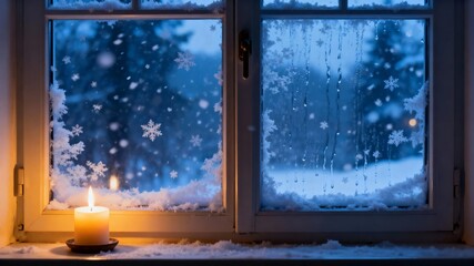 Naklejka premium Candlelit window view of snowy night with falling snowflakes and frosted glass