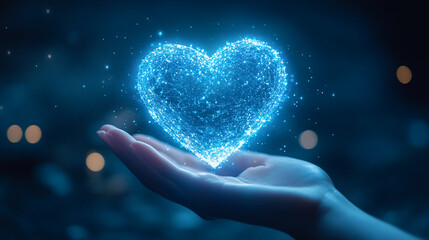 Hold love in your hands with a glowing digital heart, perfect for conveying compassion, connection, and modern romance for technology and relationship themes