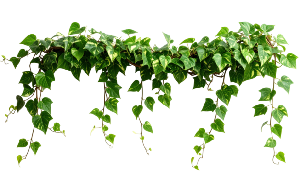 A vibrant, cascading vine features heart-shaped green leaves with yellow variegation, growing along brown stems. The plant is rendered with meticulous detail against a transparent background