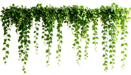 A lush, cascading vine with heart-shaped leaves hangs against a transparent background. The vibrant green foliage creates a sense of abundance. The long, trailing stems feature many leaves