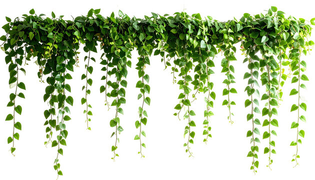 A lush, cascading vine with heart-shaped leaves hangs against a transparent background. The vibrant green foliage creates a sense of abundance. The long, trailing stems feature many leaves