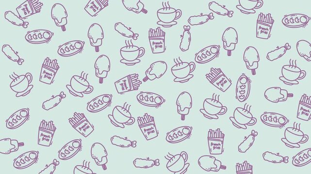 Animated seamless food pattern featuring ice cream, coffee, and french fries suitable for food blogs, menus, and social media posts.
