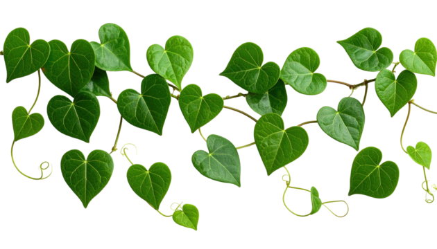A vibrant, looping vine with heart-shaped leaves, showcasing variations in green shades, against a stark black background. Twisting tendrils and a naturalistic aesthetic create a sense of life