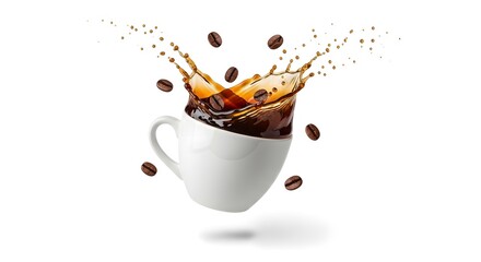 Coffee splash with falling beans in white cup for morning caffeine boost
