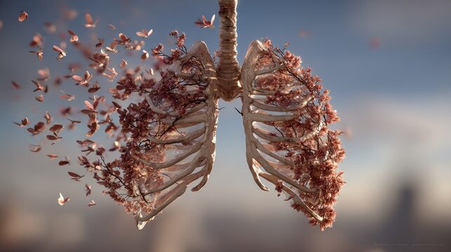 Lungs, skeletal framework, adorned with delicate, fading blossoms and butterflies