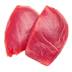 Two vibrant raw tuna steaks, showcasing a rich red hue and appealing marbling. The cuts are angled, with a soft, natural lighting and sharp detail. Black background