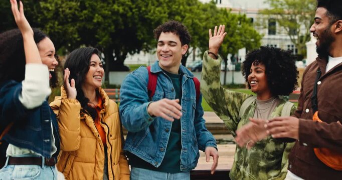 Hands stack, students and group with celebration, applause and college with achievement. Happy people, men and women with education goals, university and motivation with success, results and clapping