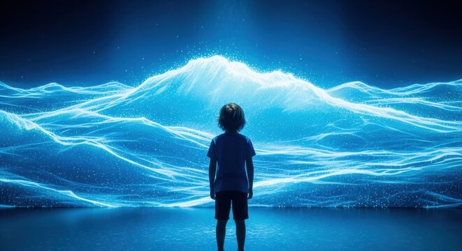 Young child gazes in awe at a luminous, abstract digital mountain landscape with glowing waves