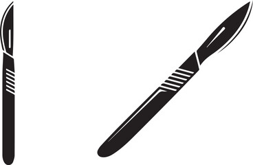 Minimalist black scalpel icon set – hand-drawn silhouettes of surgical blades with detailed handles for medical design, healthcare visuals, and precision tool graphics.