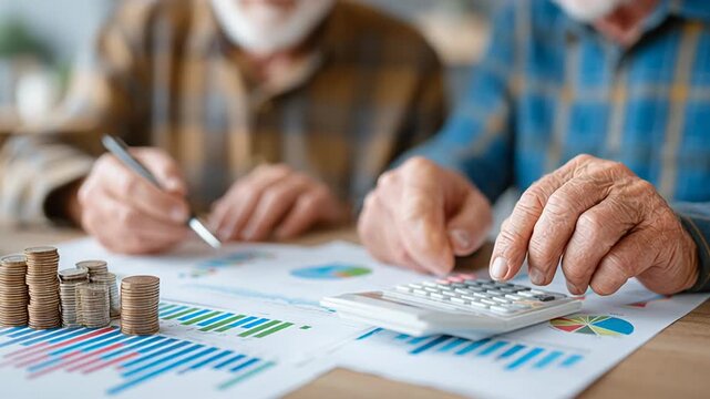 Two elderly individuals analyzing financial documents, using a calculator and surrounded by coins and charts.