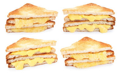 Yummy sandwiches with cheese isolated on white, collage